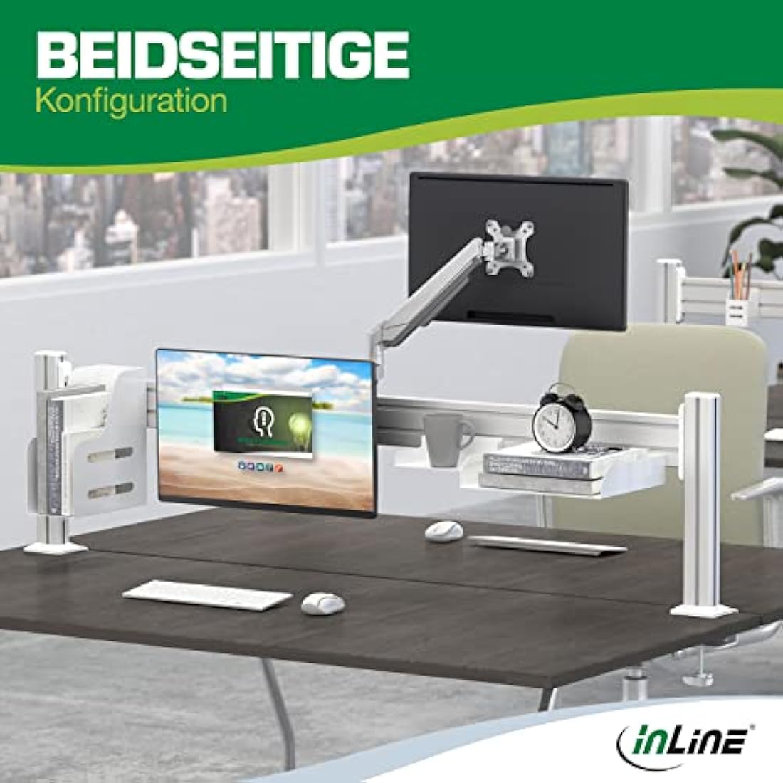 InLine Slatwall 23183C Lifter Monitor Wall Mount for Slatwall System, Wall or Table Mounting, with Arm, Desk Mount for 17-32 Inch Screen, VESA 75/100 mm Silver Grey, 23183C