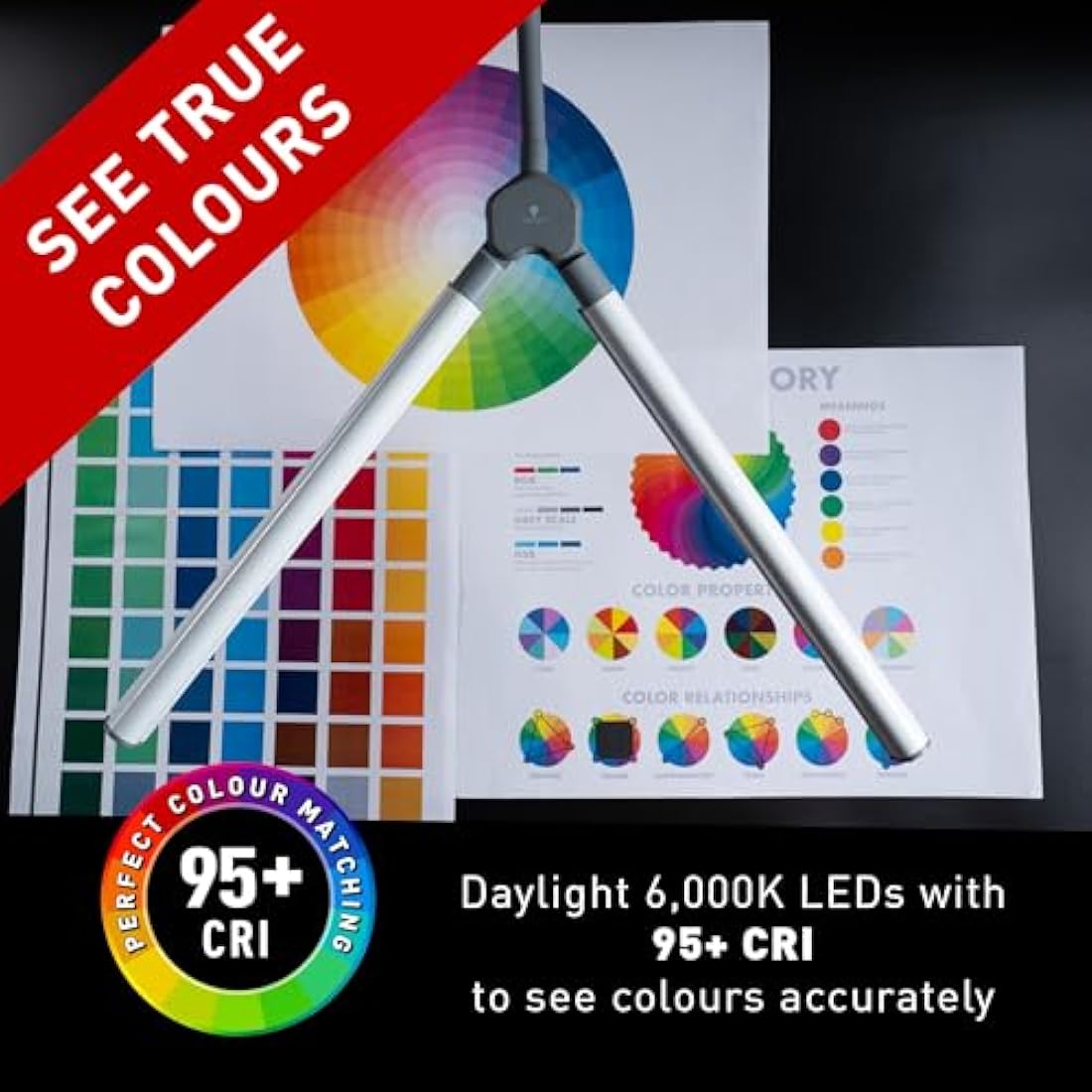 Daylight DuoPro™ Clamp Lamp - High CRI 95+, Double Head Design, LED (6,000K, 2100 Lux), Anti-Glare Shades, 4 Brightness Levels, Flexible Arm, Sturdy Clamp (Grey/White)