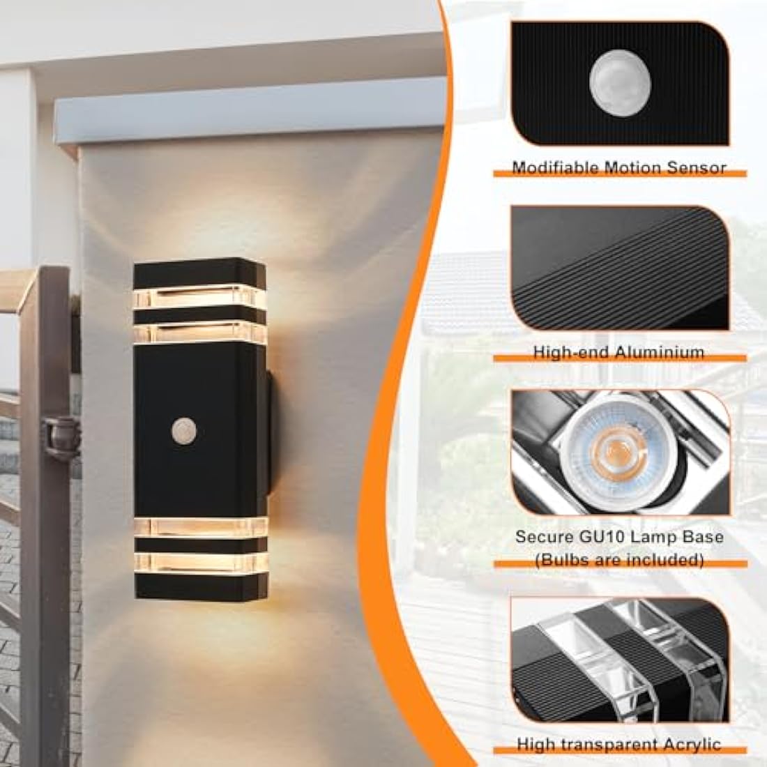 CELAVY Up Down Outside Lights with Motion Sensor, PIR Outdoor Wall Light Mains Powered, IP65 Front Door Porch Light Electric, Security GU10 Modern LED External Exterior Lamp for House 2 Pack, Black