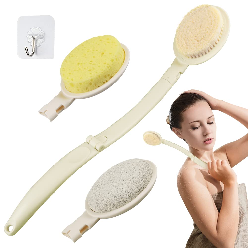 3 in 1 Back Scrubber for Shower, Back Cream Applicator with Long Handled Sponge, Heads Pumice Stone, Loofah Back Scrubbers for Use in Shower, Body