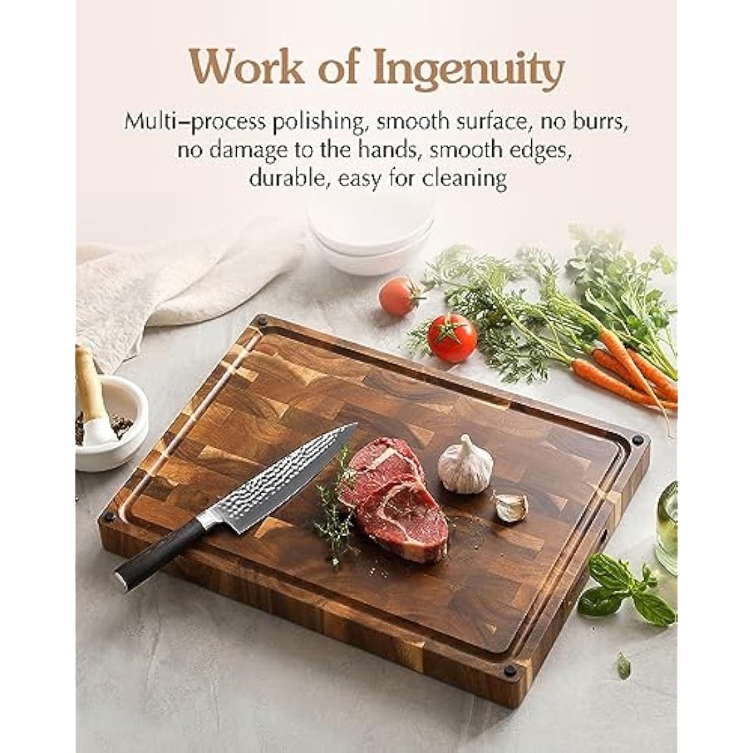 XINZUO Large Thick End Grain Acacia Wood Cutting Board- (19''L x 14''W x 1.5''T) Reversible Wooden Chopping Board with Non-Slip Feet, Built-in Handles and Juice Groove- Butcher Block Cutting Board