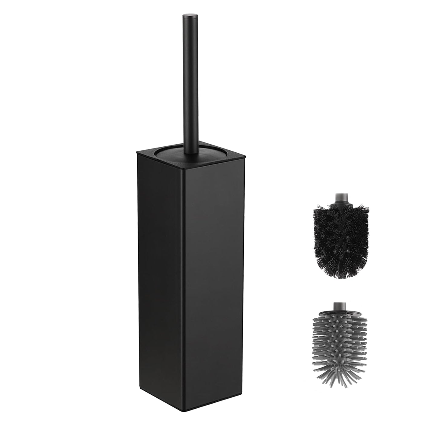 BGL Toilet Brush and Holder, Silicone Toilet Brush Holder 2 Brush Heads, Aluminum Square Loo Brush for Bathroom Cleaning, Toilet Brushes (Matte Black)