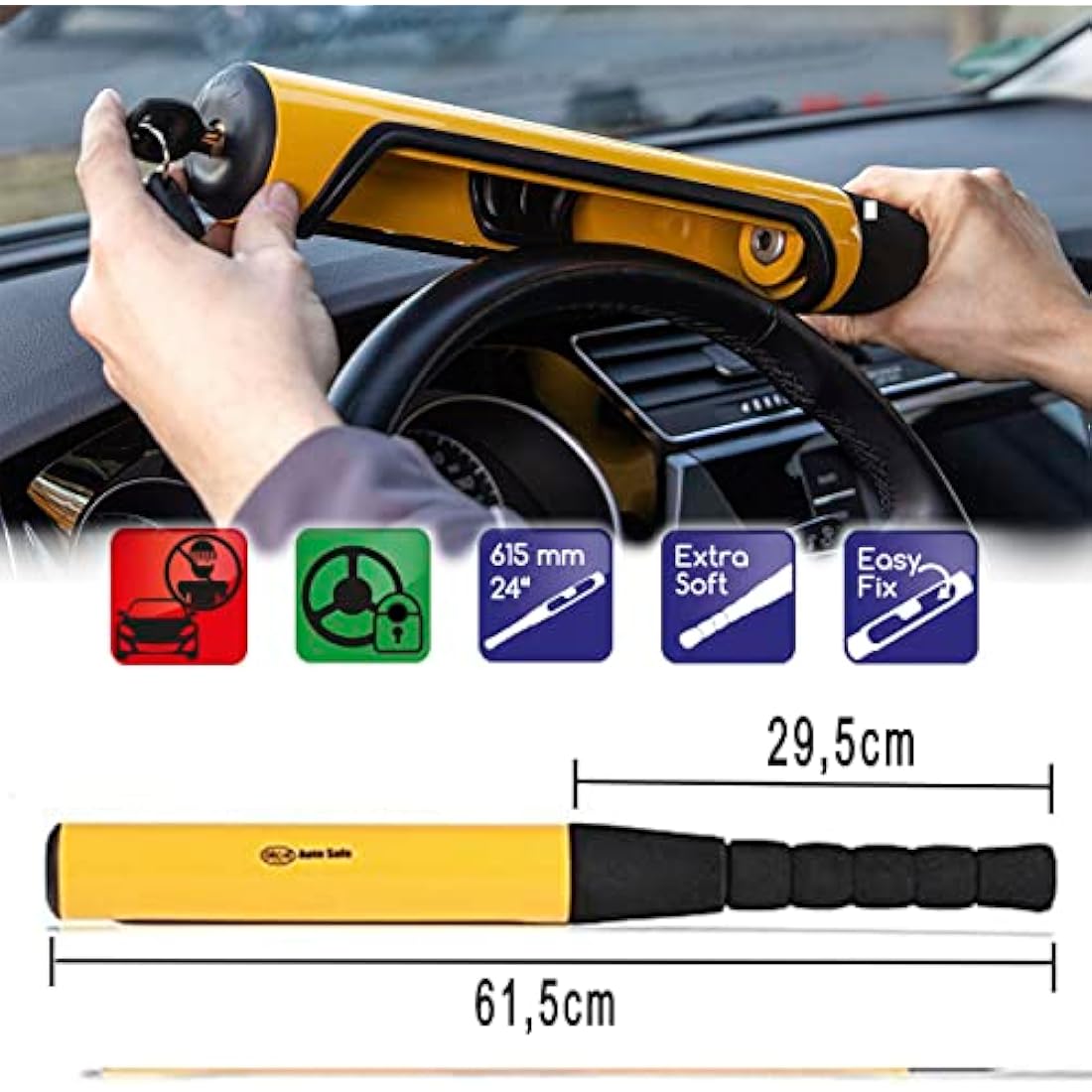 Car Van Motorhome Steering Wheel Lock Anti-Theft Baseball bat Heavy Duty Security clamp 2 Keys ALCA A303000
