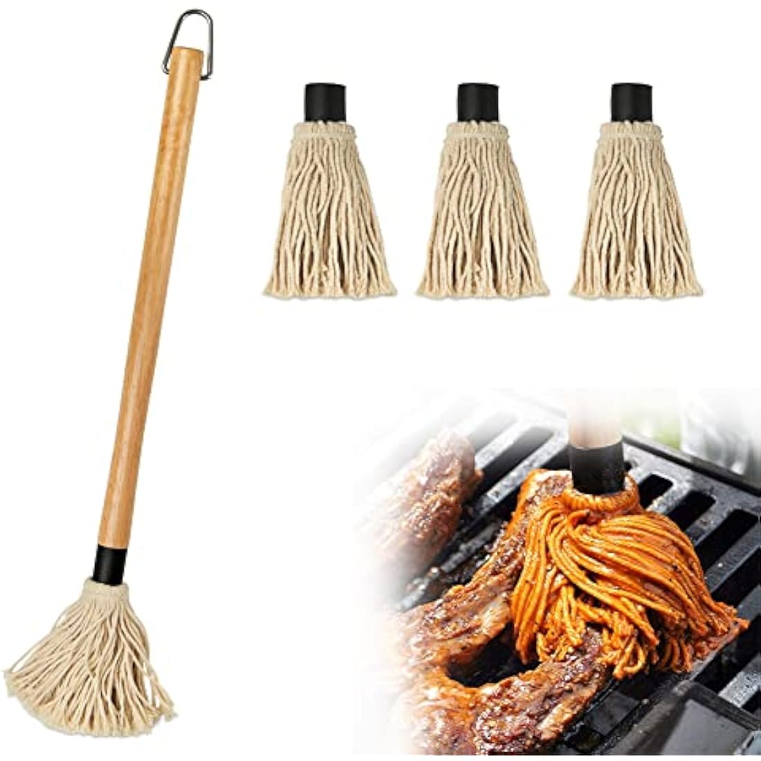 Barbecue Basting Brushes, YFWOOD Grill Basting Mop 18inch/45.7CM Wooden Long Handle with 3 Extra Replacement Heads for BBQ Grilling Smoking Steak