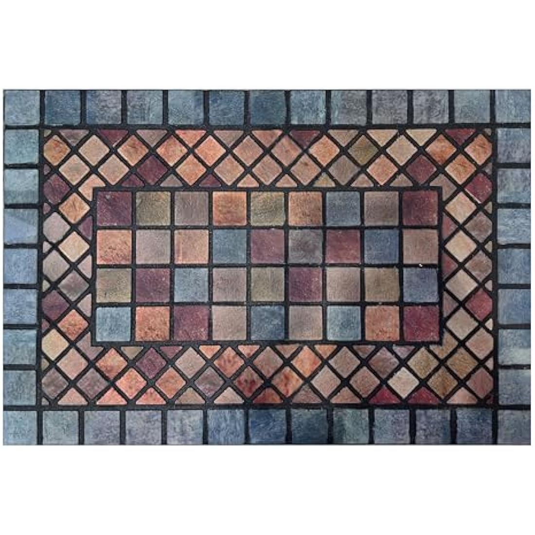 Nicoman Tile Heavy Duty Boot Scraper Doormat, Non-Slip Anti-Fatigue Eco-Friendly Rubber Indoor/Outdoor Door Mat, Rectangular (90x60cm), Blue Border