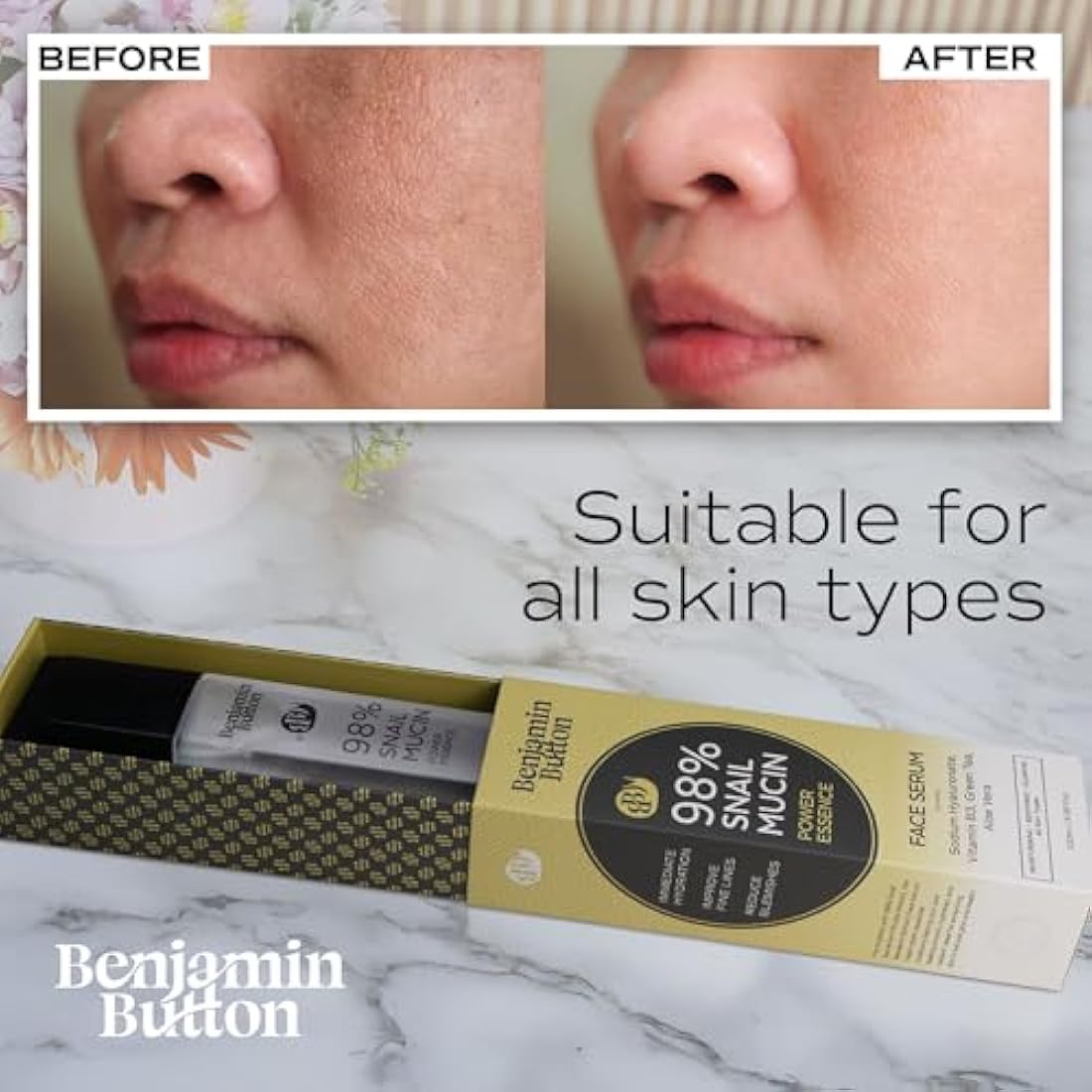 98% Snail Mucin Serum - Benjamin Button® | Hydrating, Anti-Aging, & Brightening with Hyaluronic Acid, Niacinamide, Green Tea, Aloe Vera | Ideal for Sensitive Skin & All Skin Types