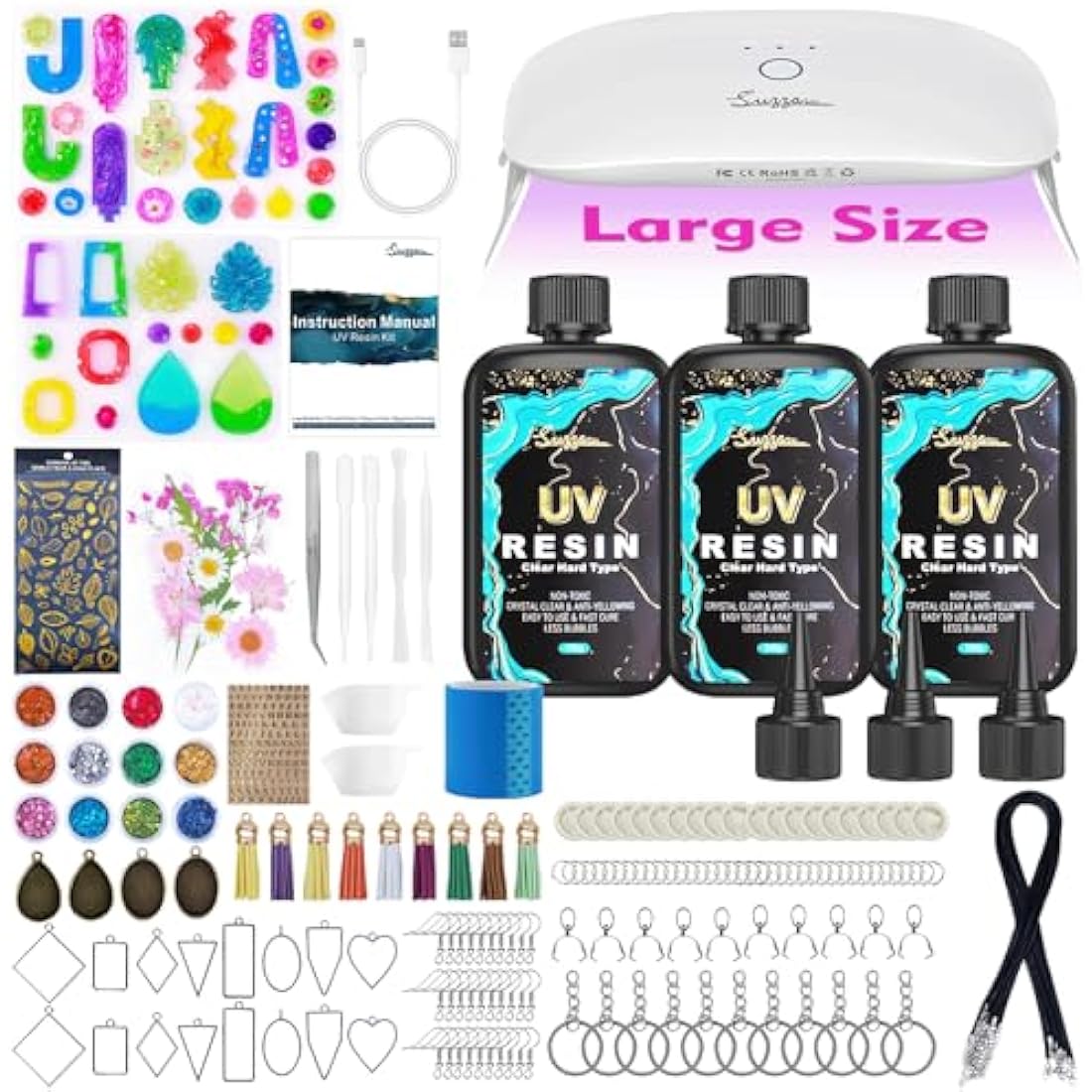 Suzzam UV Resin Kit with Lamp - 300g Crystal Clear UV Resin Jewelry Making Kit with Molds, 30W UV Lamp & Tools | Non-Toxic Low Odor DIY Craft Kit for Jewellery, Keychains, Home Decor