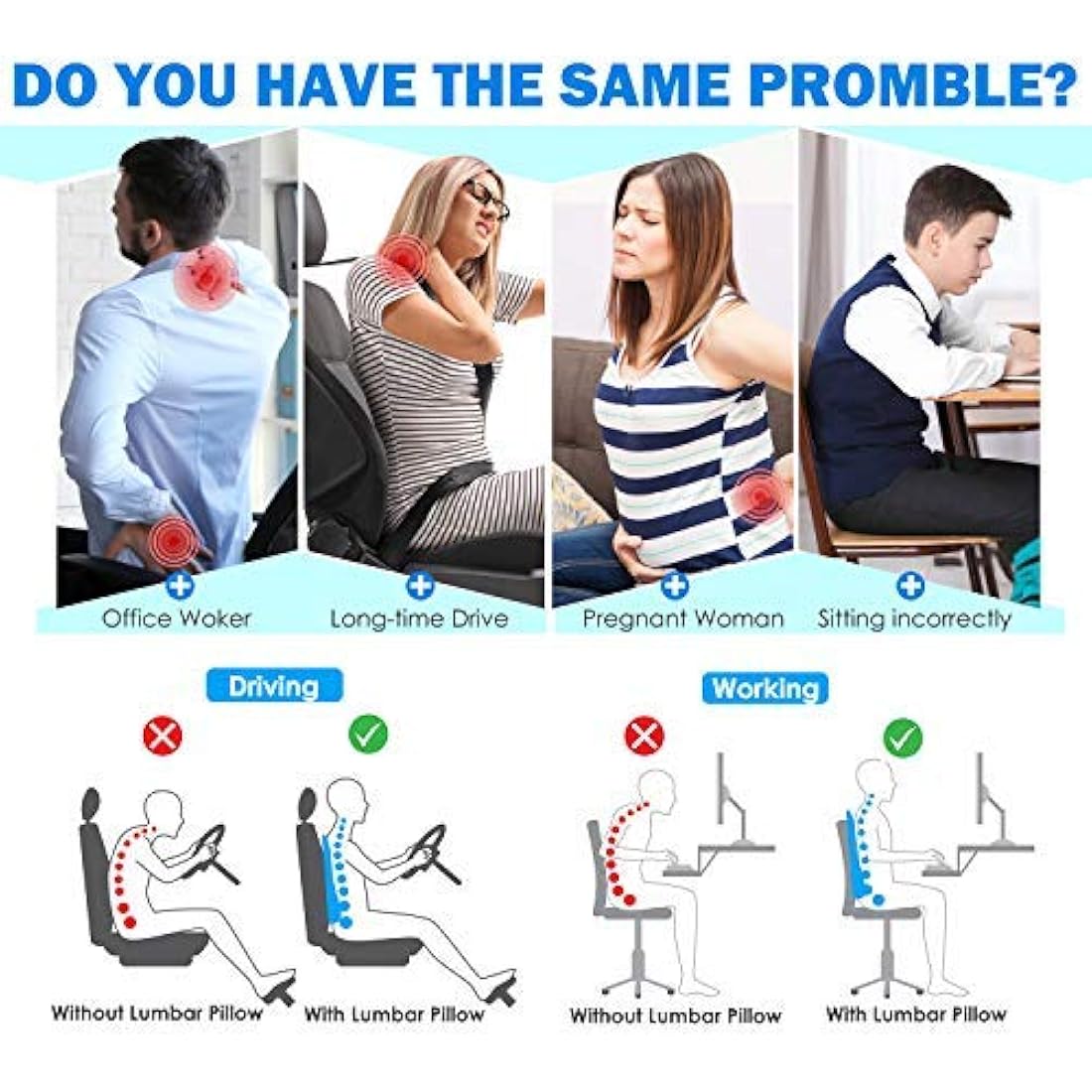 SUPA MODERN Lumbar Support Pillow for Office Chair, Memory Foam Back Cushion, Car Seat Back Pillows with Breathable Lumbar Support Cover Adjustable Straps