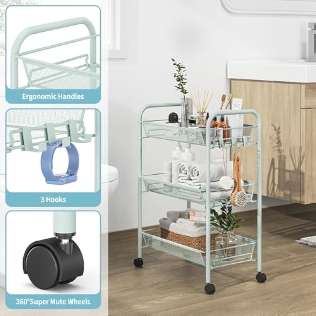 APEXCHASER 3-Tier Rolling Cart,Easy Assemble Mobile Storage Trolley On Wheels,Slide Out Utility Cart Shelving Units Kitchen Bathroom Laundry Room,Green