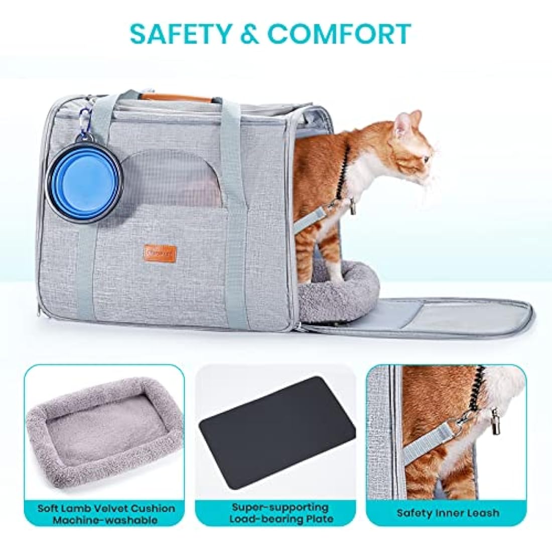 Morpilot Cat Carrier, Airline Approved Pet Carrier, Portable Dog Bag Carrier, Breathable Small Pet Carrier Travel Cage with Adjustable Shoulder Strap and Pet Bowl Light Grey