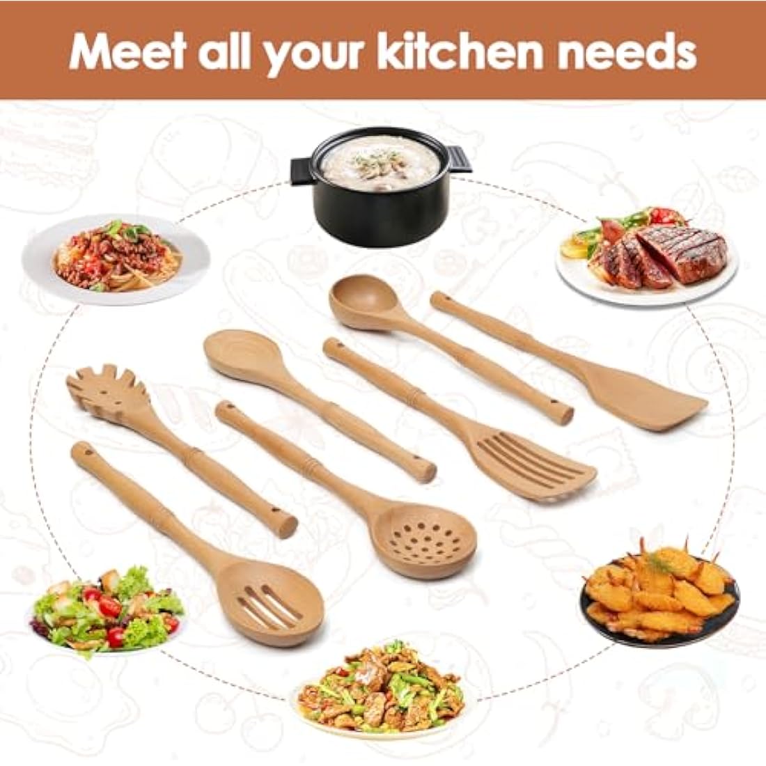 comfoyar Wooden Spoons for Cooking, 7 Pieces Kitchen Cooking Utensils Set with Spatula and Ladle, Heat Resistant Kitchen Cookware for Nonstick Pan-Beech