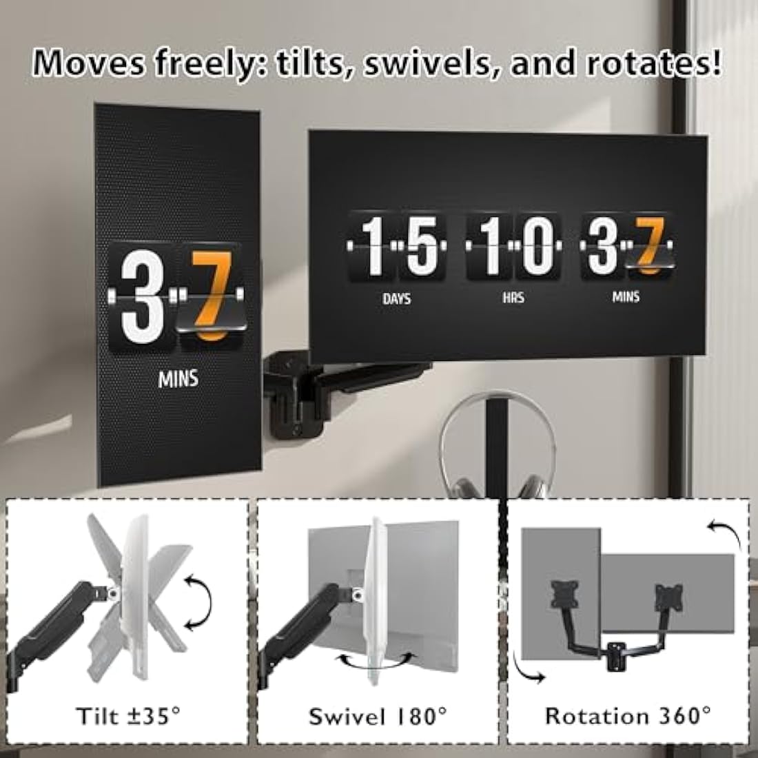 BONTEC Monitor Wall Mount Bracket for 13-32" Screens, Gas Spring Adjustable Monitor Arm, Height Adjustable, Tilt, Swivel & Rotate, VESA 75x75, 100x100mm, Holds up to 9KG, Heavy Duty, Ergonomic Design