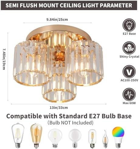ZYDTRIP Crystal Chandeliers Ceiling Light, 3-Lights Crystal Ceiling Lights Living Room, Modern Gold Semi Flush Light Fittings for Bedroom, Hallway, Bathroom, Foyer, Kitchen Light Fixture