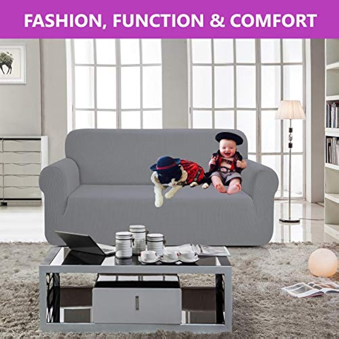 SAMSTEX Stylish Sofa Cover Stretch 1-Piece Sofa Slipcovers High Stretch Sofa Covers 3 Seater Thick Soft Sofa Protector Machine Washable Non Slip Couch Covers (3 Seater, Light Grey)