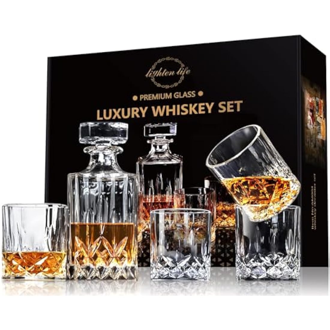 LIGHTEN LIFE 5 Piece Whiskey Decanter Set With 4 Glasses in Gift Box - Non-Lead Crystal for Bourbon, Scotch - Perfect for Men, Dad, Husband