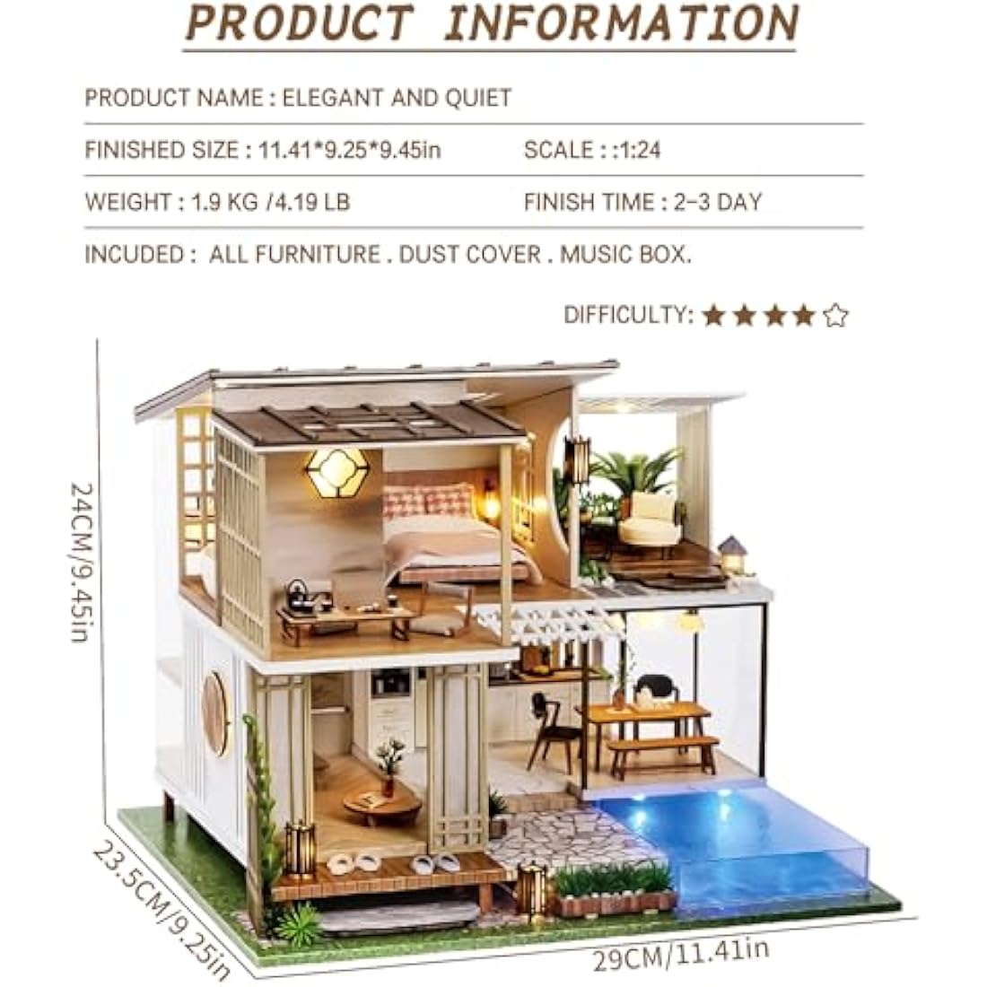 Spilay Diy Miniature House Kit with Furniture, Wooden Mini Doll House Crafts Handmade with Dust Cover & Music Box, 1:24 Creative Room Idea Gift for Adult Friend Lover A085-Elegant and Quiet-Age 14+