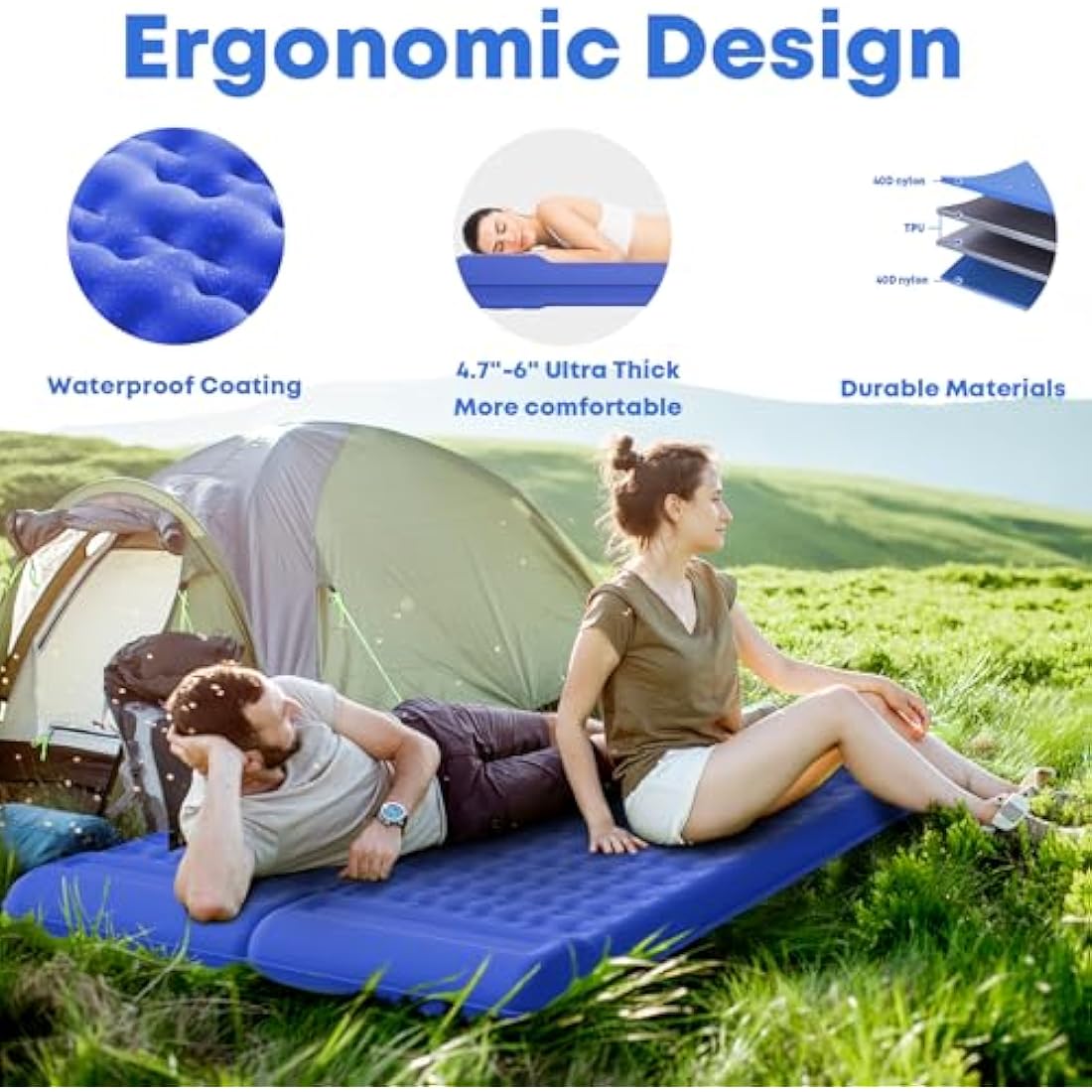 MAMBAKOTR Camping Air Bed 12-15CM Extra Thick, Reinforced Support Structure with Built-in Foot Pump and Pillow Portable Camping Sleeping Mat Air Mattress for Tent Backpacking Hiking Travel