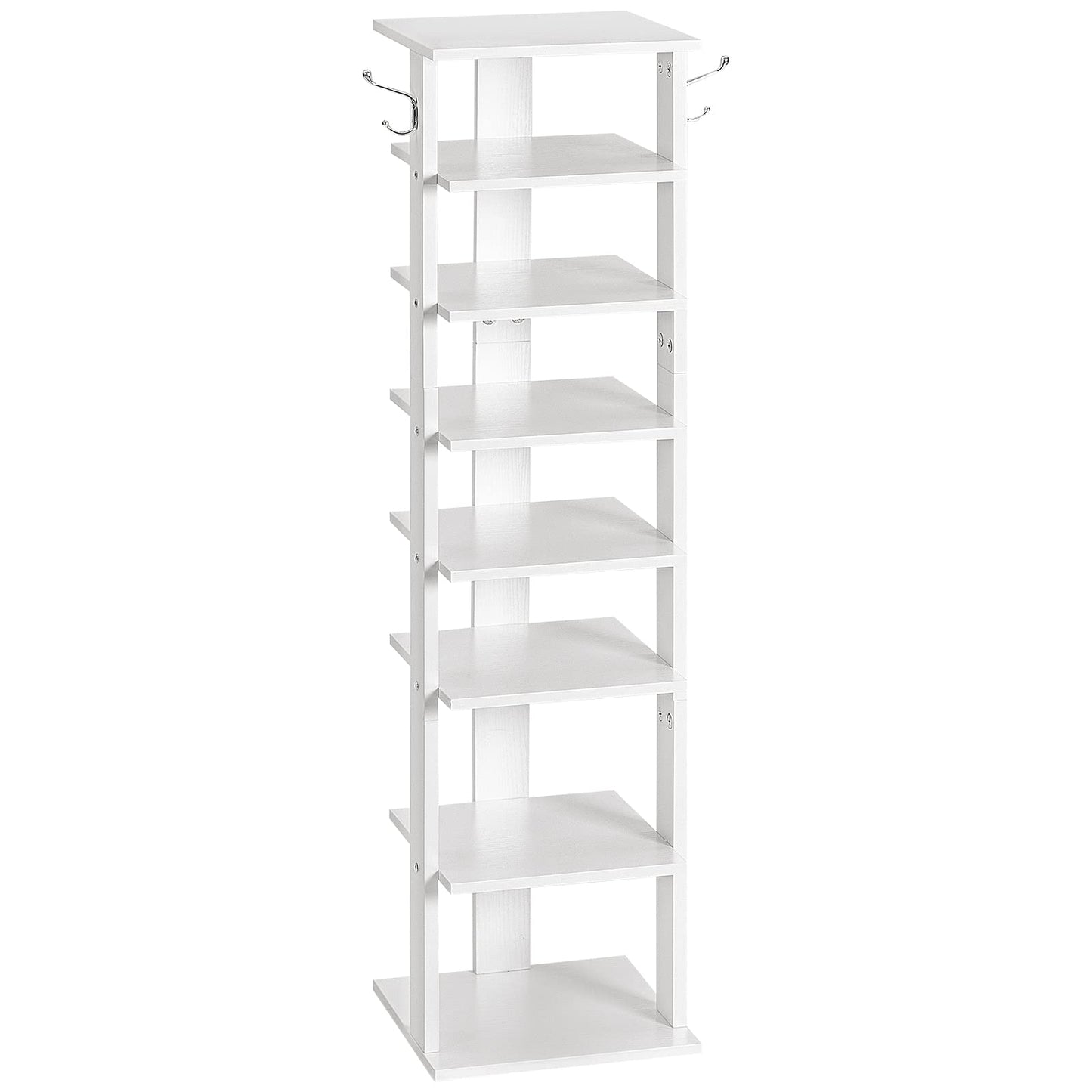 HOOBRO Shoe Rack Wooden, White Shoe Shelf, Tall, Narrow Shoe Storage Organizer with 2 Hooks, Vertical Shoe Tower for Entrance, Living Room, Hallway
