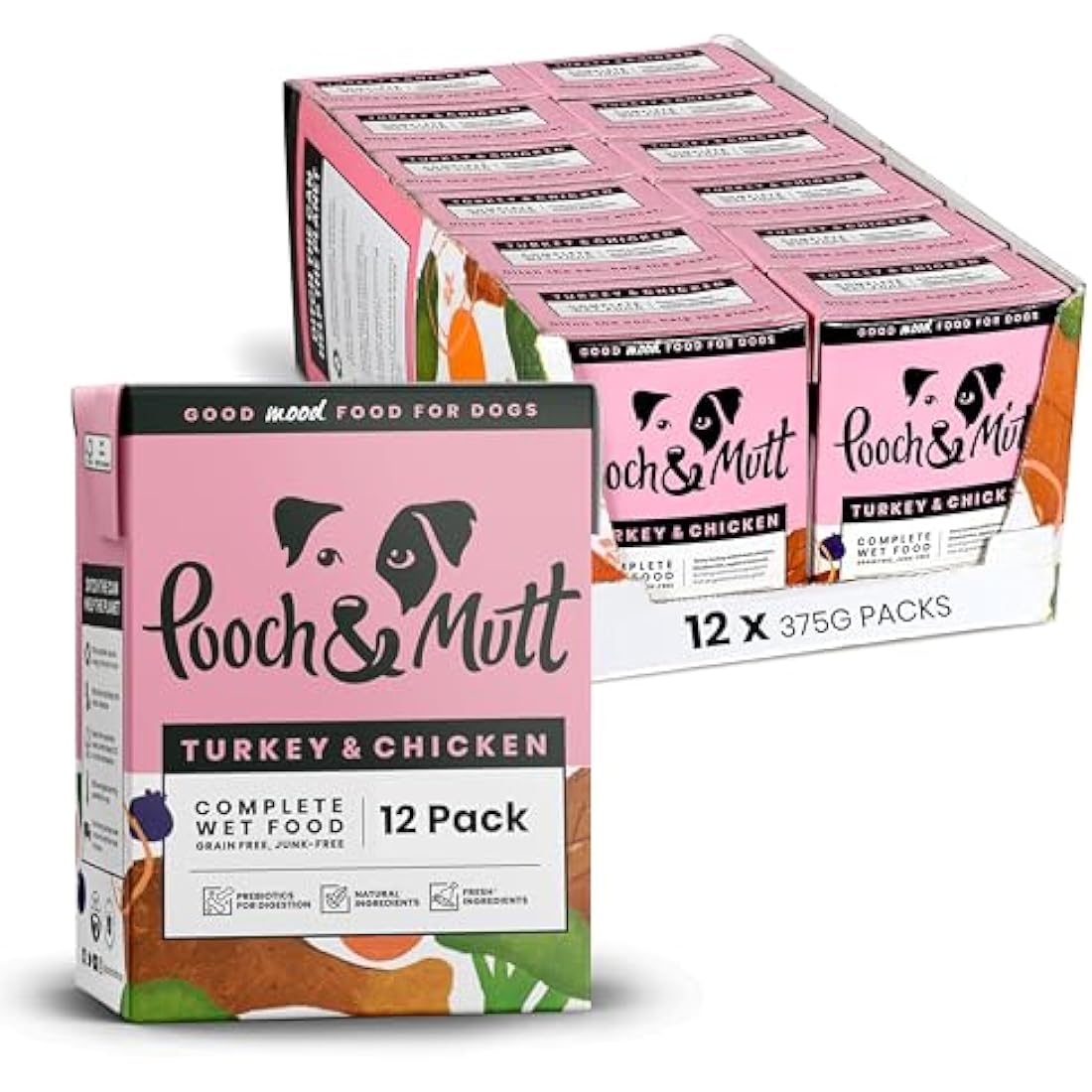 Pooch & Mutt - Turkey & Chicken Pack of Complete Wet Dog Food, Dry Dog Food Topper, 12x375g