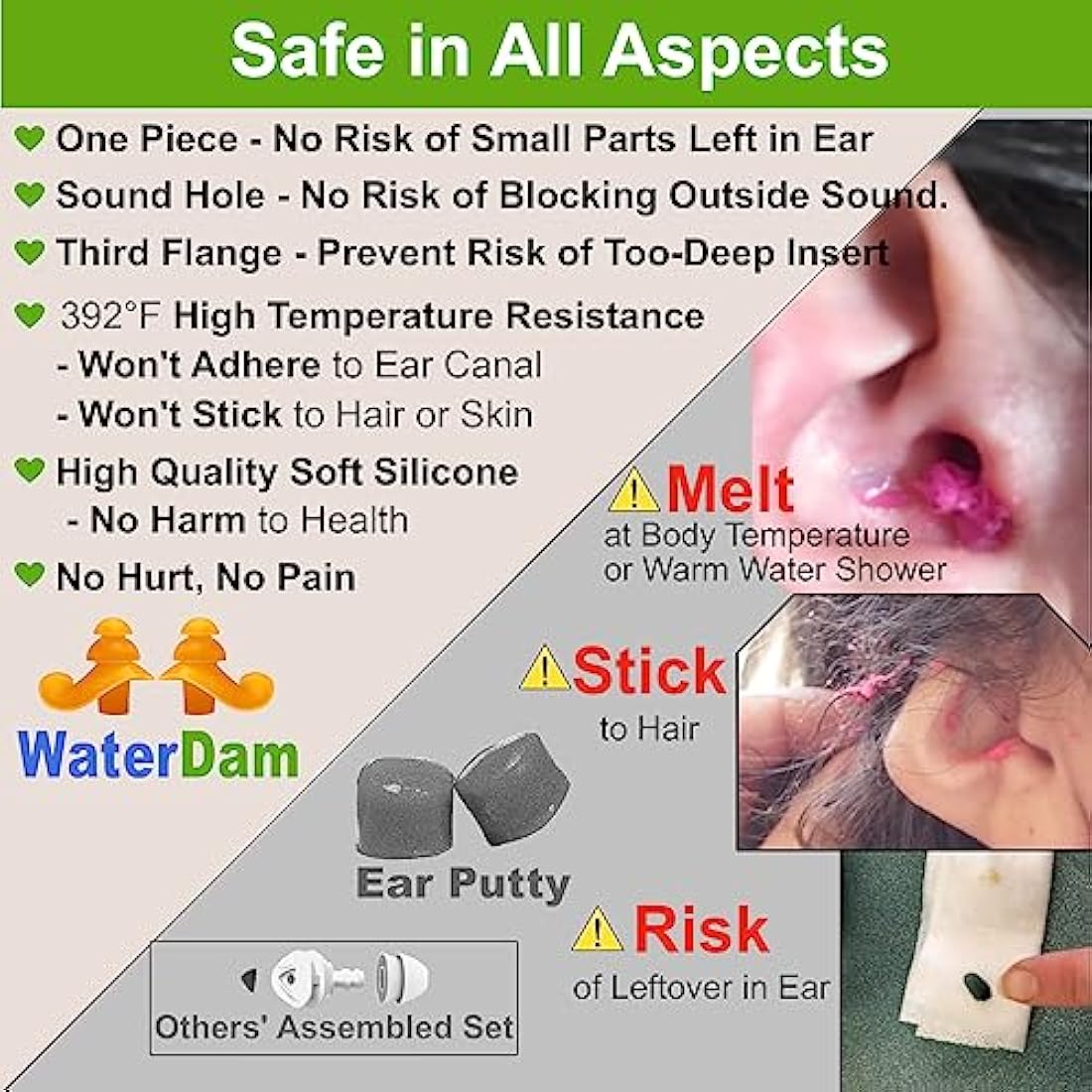 WaterDam Swimming EarPlugs Ultra Comfy Great Waterproof Prevent Swimmer'sEar(Size 2+2+2: Kids Teens MediumEar Women SmallEar Men (Green Orange Pink))