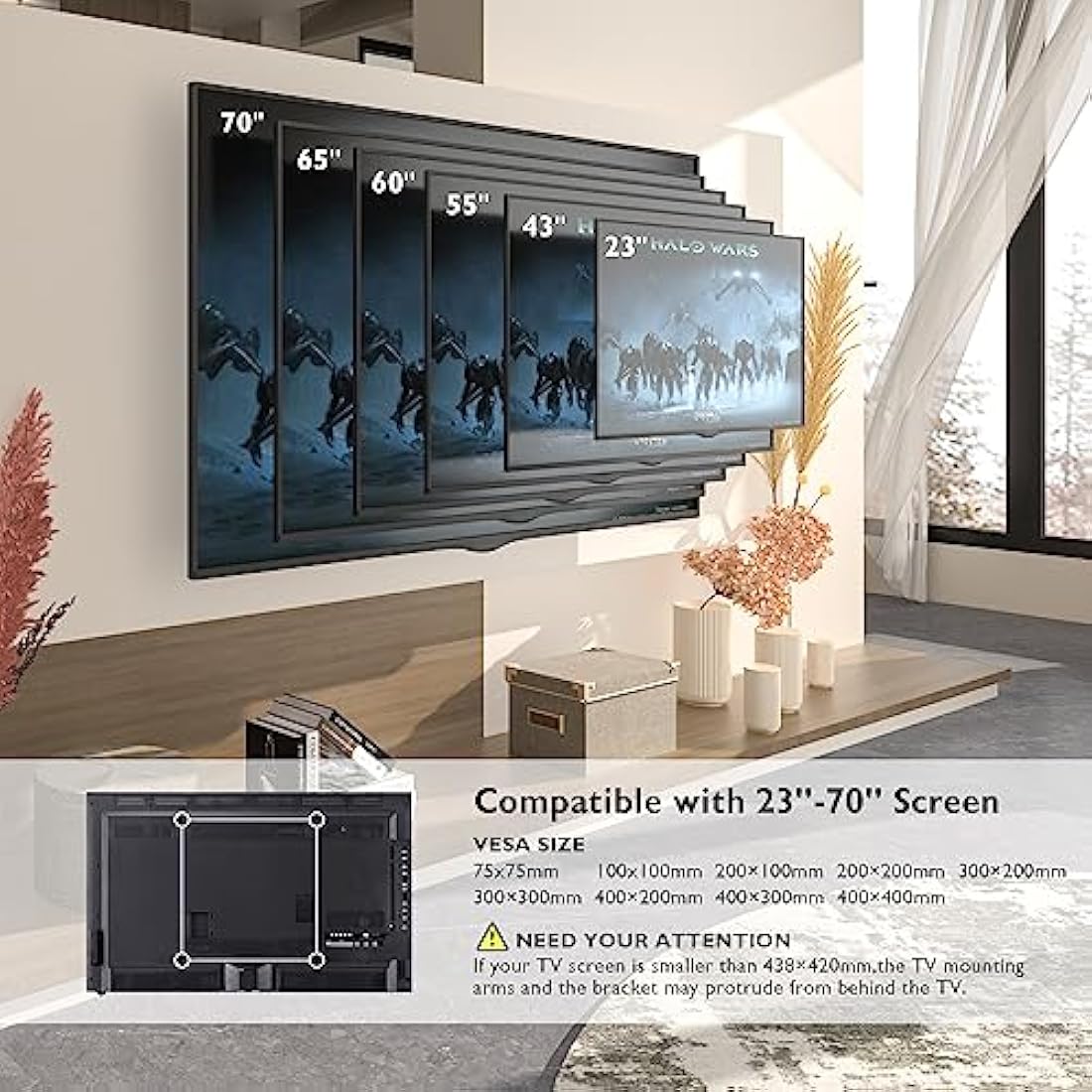 BONTEC TV Wall Mount for 23-70 Inch LED LCD, Swivels Tilts Extends Double Arm Full Motion TV Wall Bracket Holds up to 45kg, Includes HDMI Cable, Spirit Level, Max VESA 400x400mm
