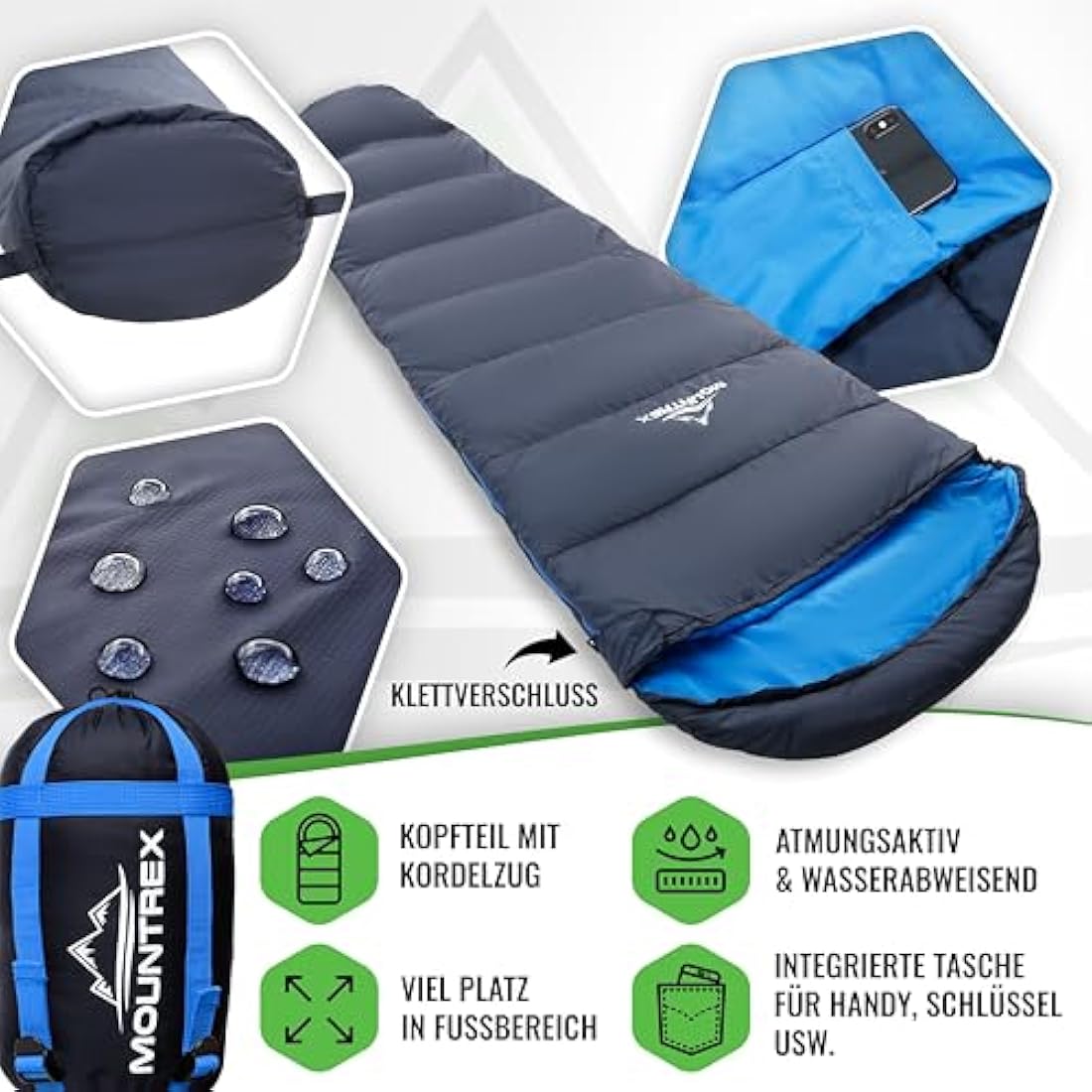 MOUNTREX® sleeping bag – Ultra Light (720g) with Small Pack Size - Outdoor Summer Sleeping Bag - Mummy Shape (205x75cm) - Compact, Warm, Lightweight - for Camping, Travel, Backpacking or Festivals