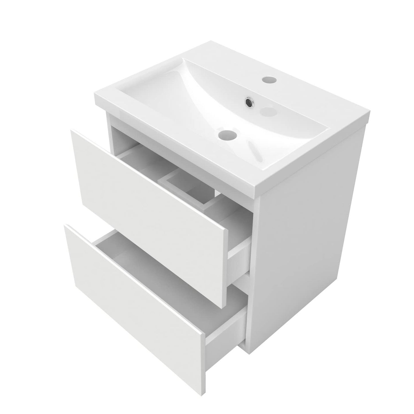 Biubiubath 600mm Bathroom Sink Unit with Basin Matt White 2 Soft Close Drawers Wall Mounted Bathroom Suite with Vanity Unit