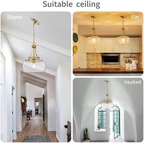 WUZUPS Chandelier Rustic Farmhouse Industrial Round Ceiling Pendant LED Light Fixture with Clear Glass Shades for Dining Room Kitchen Island Foyer Entryway, H 43 x W 34, E27 Base, Brushed Gold