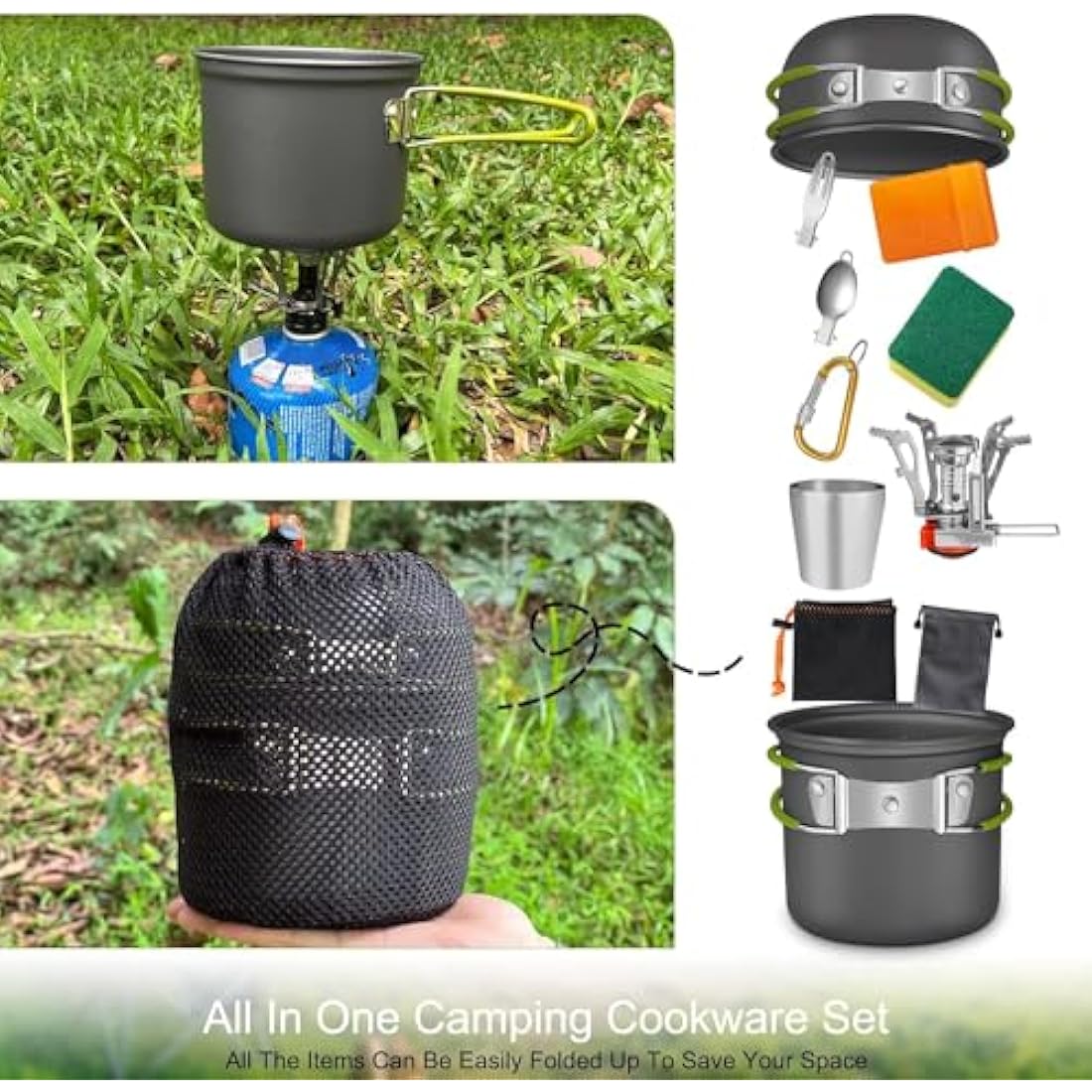 AUTOPkio Camping Cooking Set, Outdoor Camping Pans Pots and Stove - Non Stick Folding Cookware Kit for BBQ Picnic Hiking Backpacking Travel 1-2 Person Use