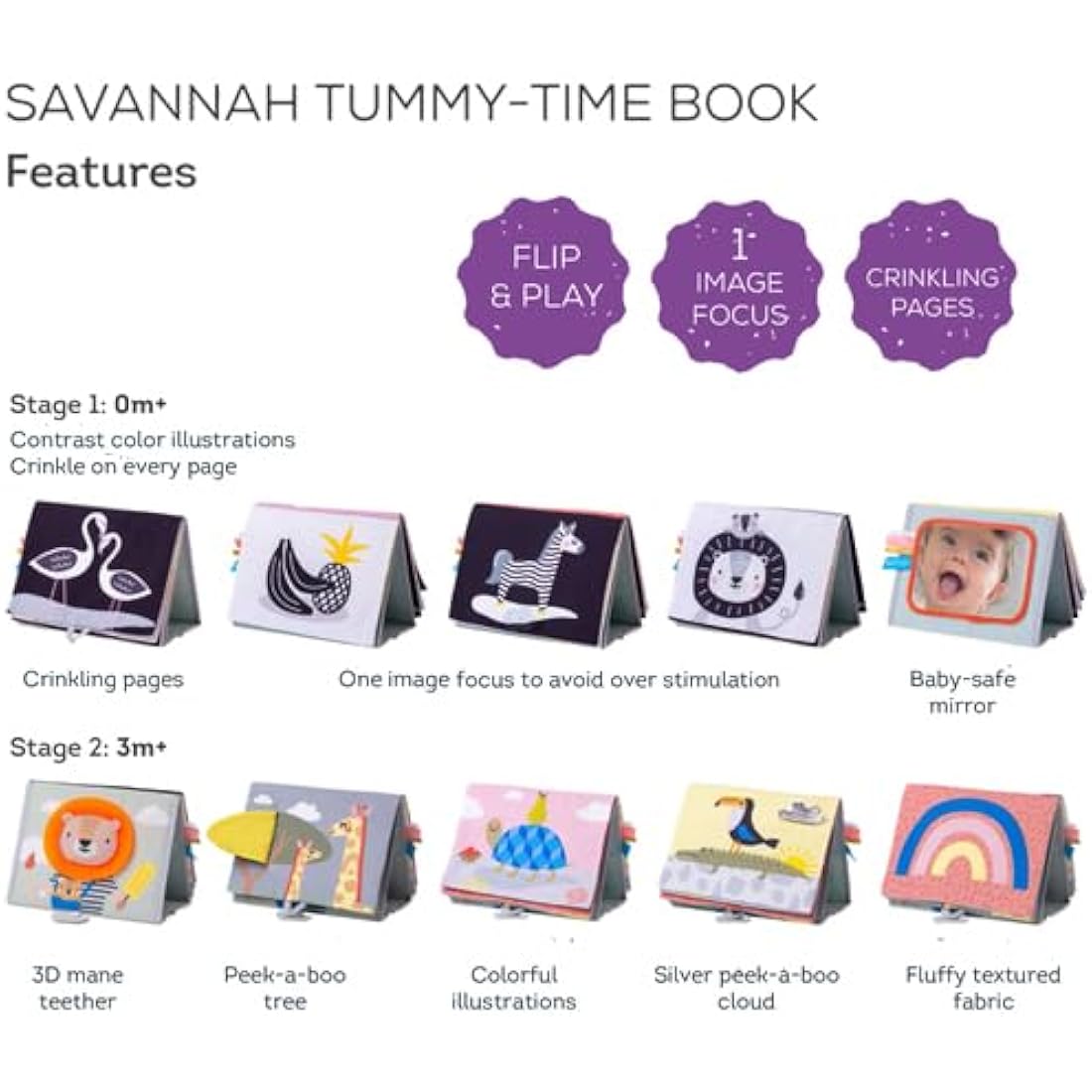 Taf Toys Savannah Tummy-time Newborn Baby Book. Double-sided Sensory Pages Includes Baby Safe Mirror, High Contrast Pictures, Crinkle Textures & Baby Teether. Gift Suitable for Boy & Girls from Birth