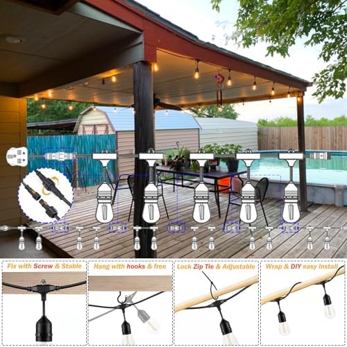 Festoon Lights Outdoor15M IP65, 2.6M Extension Cable Included,15+1 Shatterproof S14 Bulbs 2700K E27 Outside Lights for Pergola, Backyard, Linkable