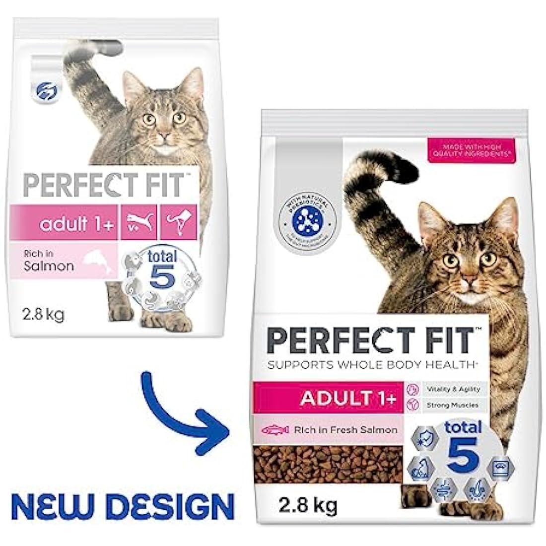 Perfect Fit Adult 1+ Complete Dry Cat Food for Adult Cats Aged 1+ Years, Rich in Salmon, 3 Bags (2.8 kg)