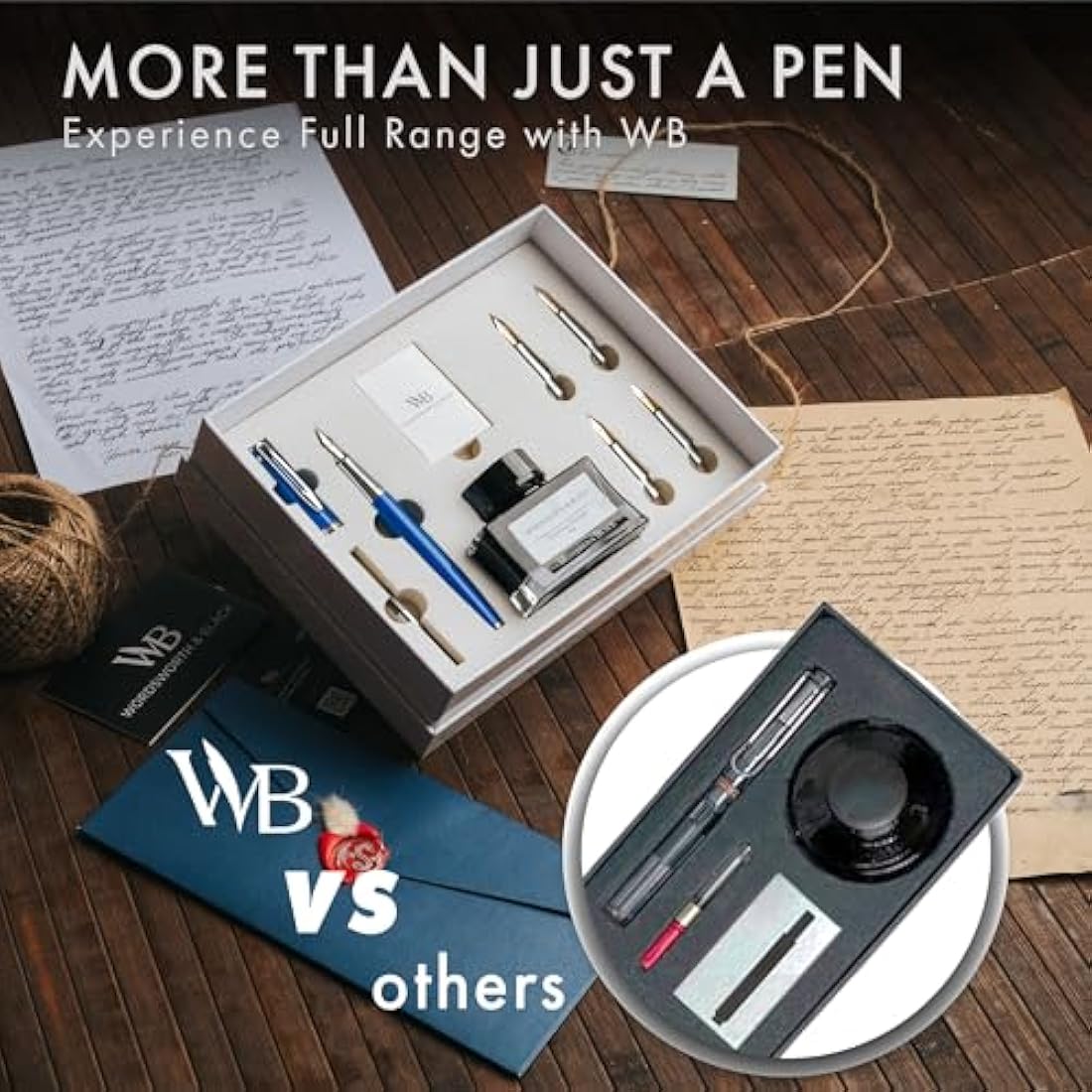 Wordsworth & Black Fountain Pen Gift Set, Includes Ink Bottle, 6 Ink Cartridges, A Refill Converter, 4 Replacement Nibs, Premium Package, Journaling, Calligraphy, Smooth Writing Pens [Blue Chrome]