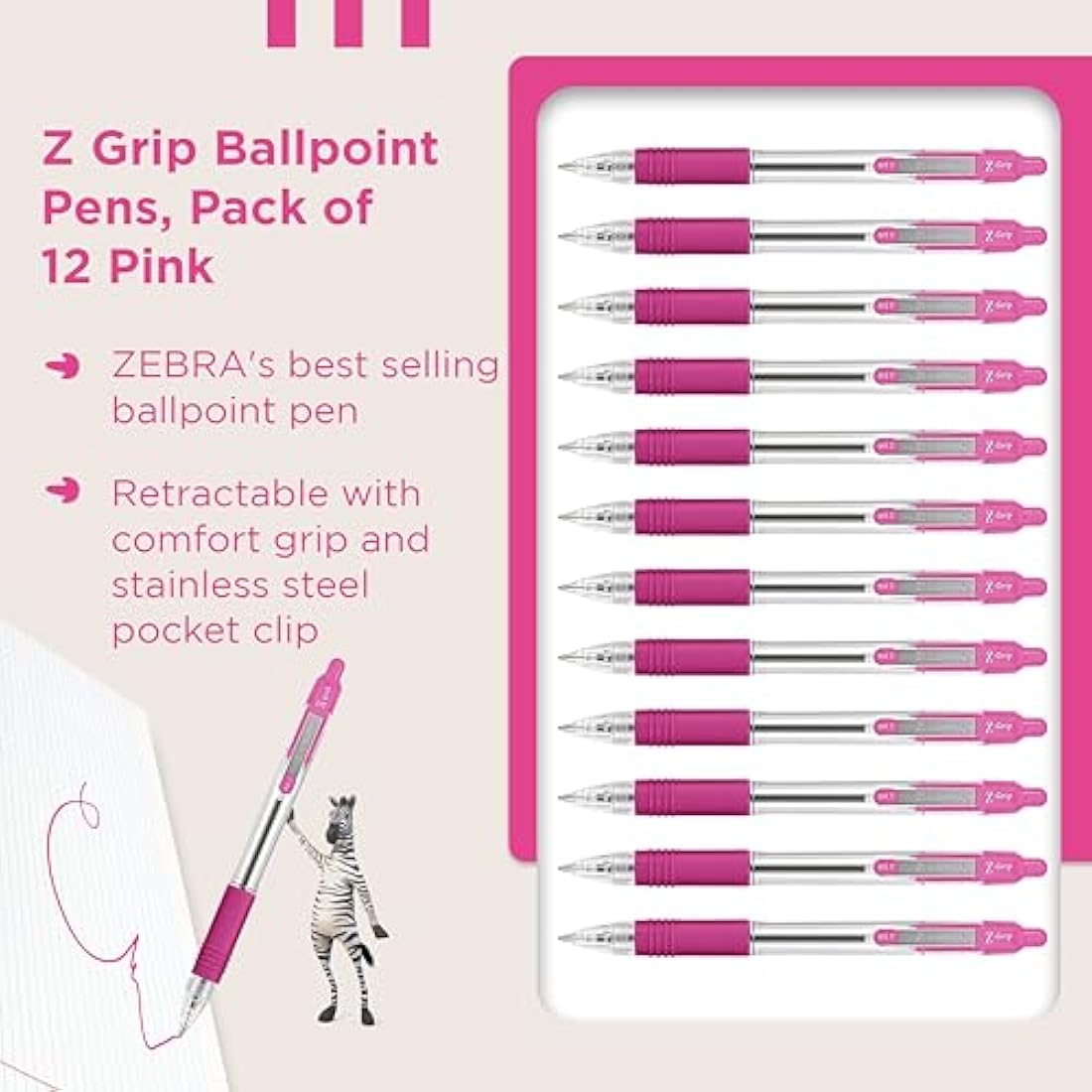 Zebra Pen Z Grip Pink Pens Ballpoint, Smooth & Comfortable Pens with Pocket Clip, Retractable Ballpoint Pens with Pink Ink, Reliable Biro Pens Multipack for Everyday Use - Medium Point, 12pk