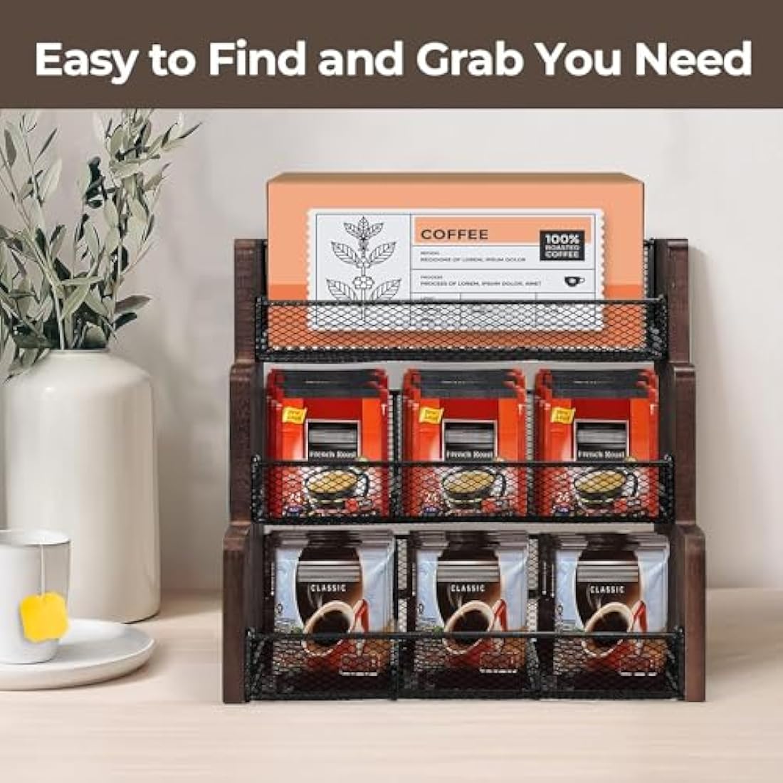 THYGIFTREE 3 Tier Tea Bag Holder, Tea Bag Storage, Solid Wood Tea Bag Organizer Box for Kitchen, Office, Countertop,Sugar Packets, Creamers Holder(Black)