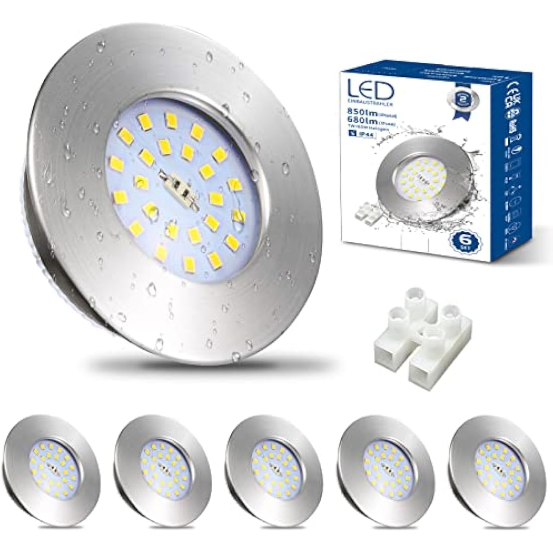 HiBay 6X 7W LED Downlights Recessed Spotlights Ceiling Lights IP44 Bathroom Spot Light Brushed Chrome Downlight Ultra Slim Downlighters Cool White 6000K 240V