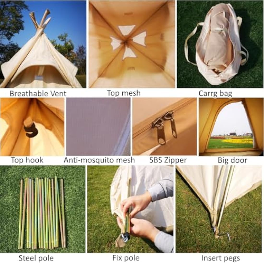 Outdoor 2M Canvas Camping Pyramid Tipi Tent Adult Indian Teepee Tent for 2~3 Person