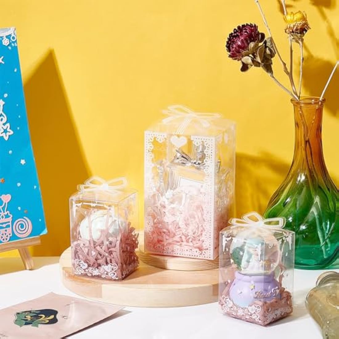 BENECREAT 24PCS Clear Gift Box with Bowknot(12x7x7cm) Transparent PVC Favour Boxes Empty Containers Packing Box for Holiday Wedding, Party and Shower Favors