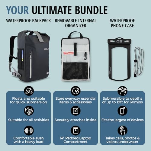 Overboard Explorer Waterproof Backpack Bundle | Roll Top Floating Dry Bag for Kayaking, Beach, Boating, Hiking, Rafting | Includes Waterproof Phone Case and Backpack Organiser