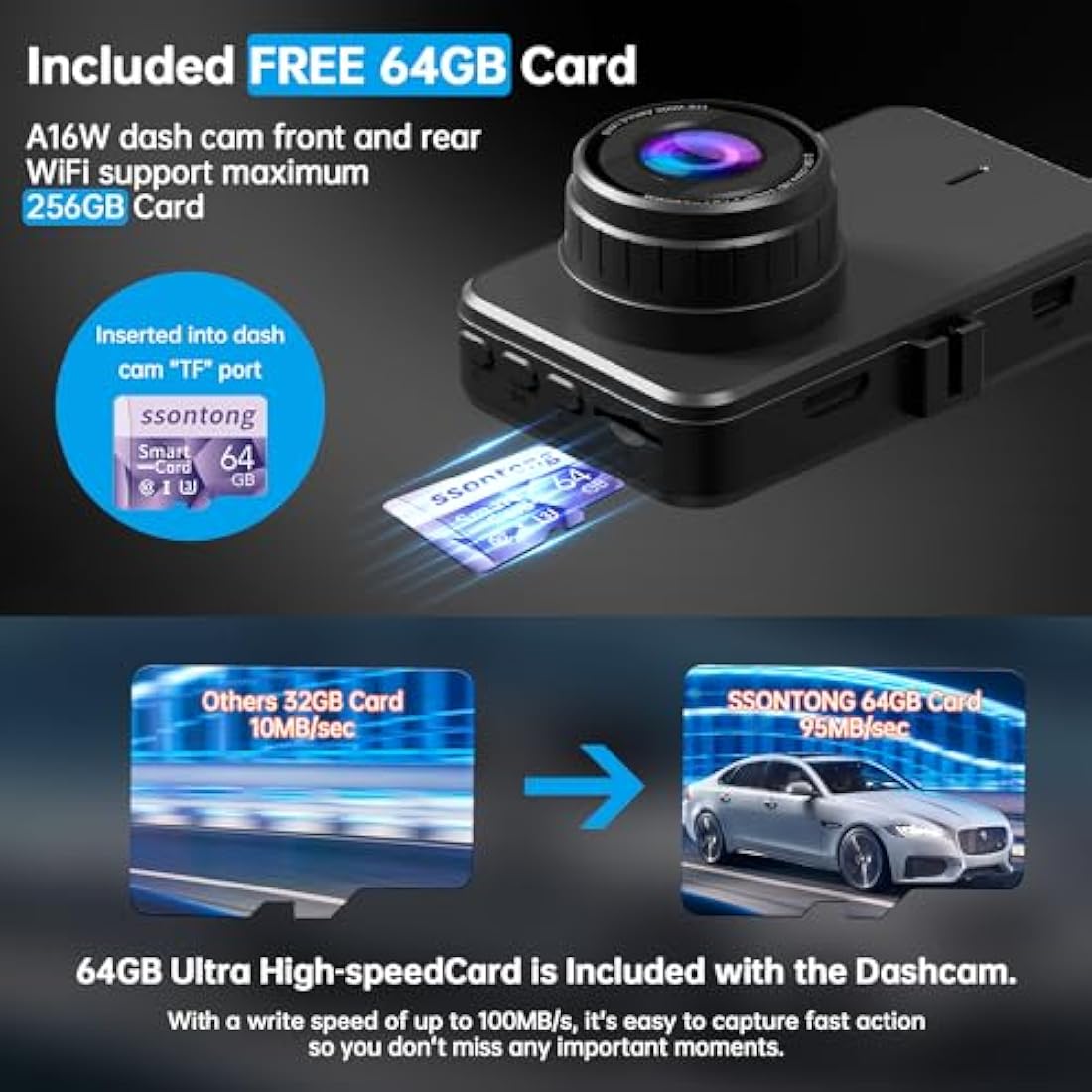 Dash Cam Front and Rear, Dashcam WiFi/APP Control Car Camera Dash Cam W/ 64GB Card, 2.5K Dash Cam Front + 1080P Rear Dash Camera W/Super Night Vision, Loop Recording, G-Sensor, Max Support 256GB
