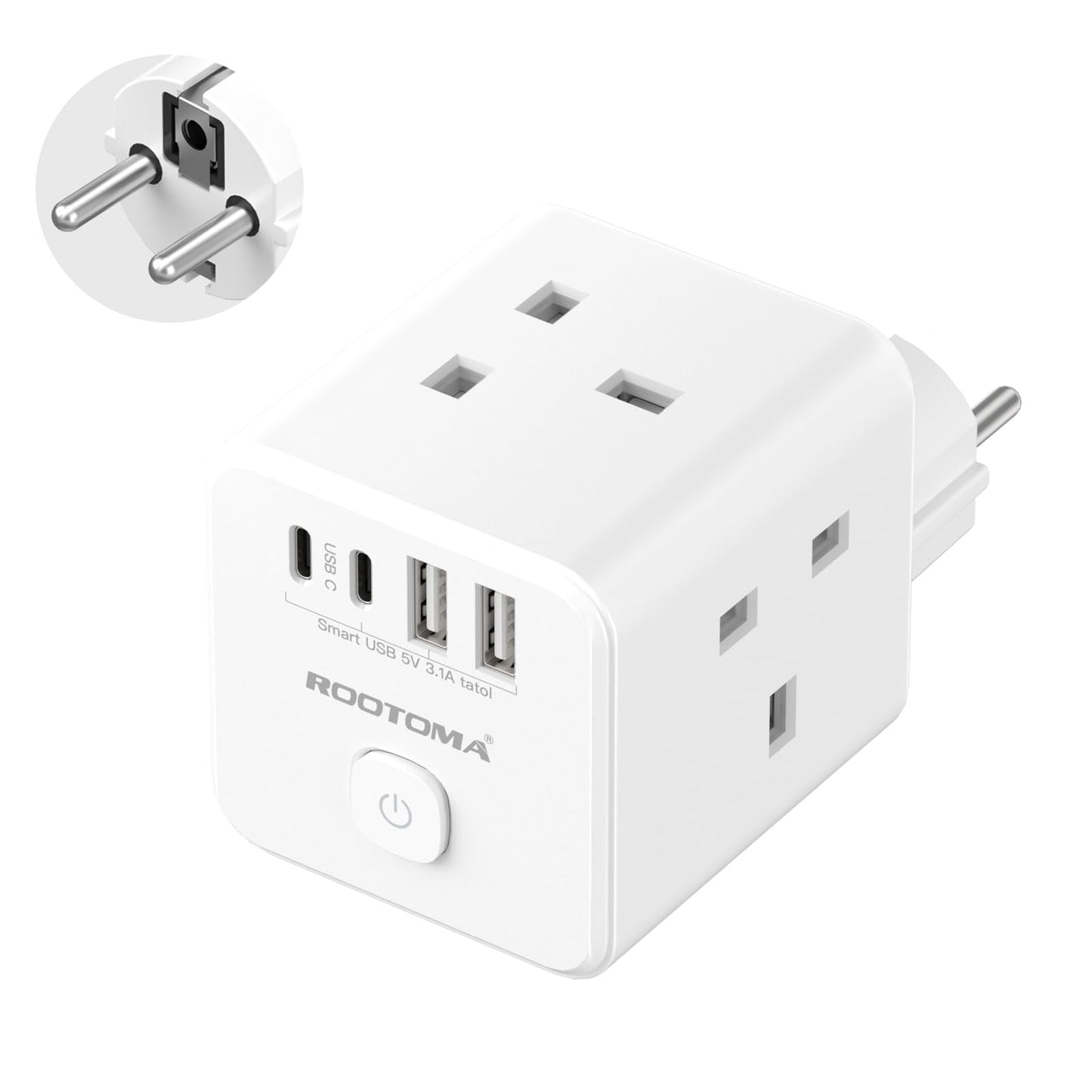 UK to European Plug Adapter with 4 USB Ports(2 USB C), Cube European Plug Adapter for Germany, Spanish, France, Turkey, Italy, Egypt, Greece, Portugal