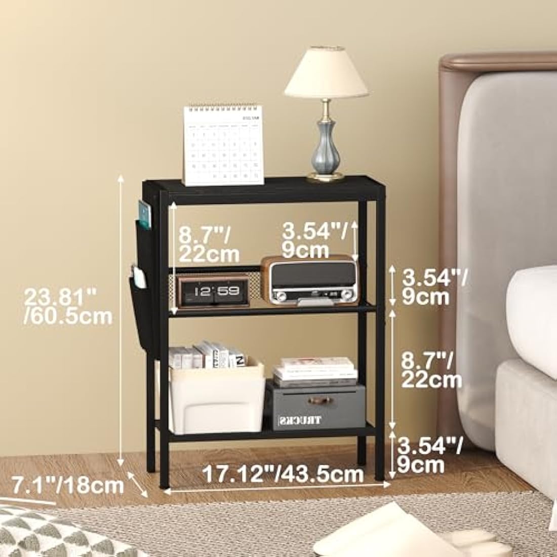 Yusong Small Narrow Side Table for Small Spaces, Slim End Table with Storage Bag, Sofa Snack Table with Adjustable Metal Mesh, 3 Tier Accent Skinny Beside Table for Living Room & Bedroom, Black Oak