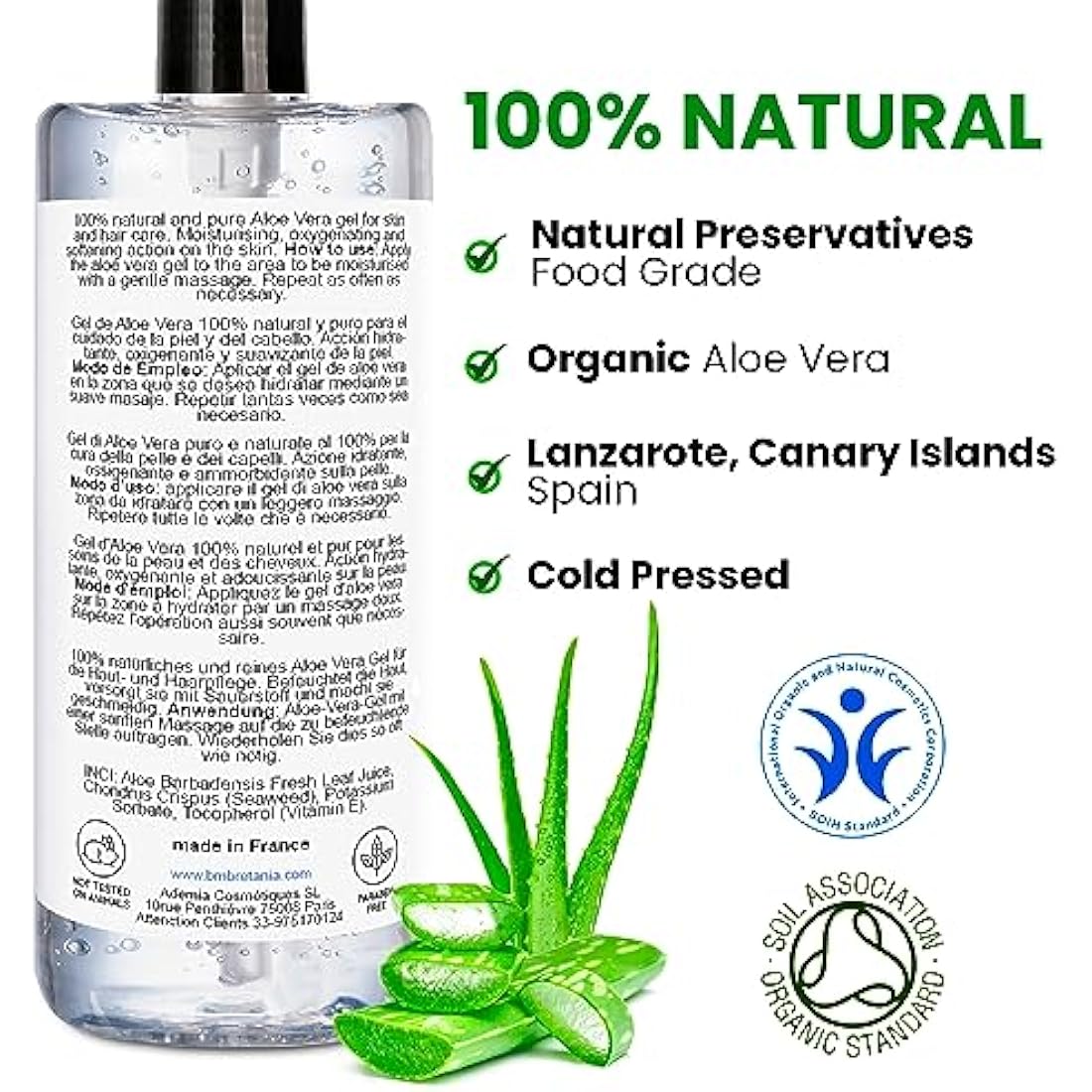 bleu & marine Bretania - 100% Natural Aloe Vera Gel | DIY Home Cosmetics & Hair Care | Skin Moisturising & Elasticity| Rapid Absorption, Clear Gel, 2000 ml