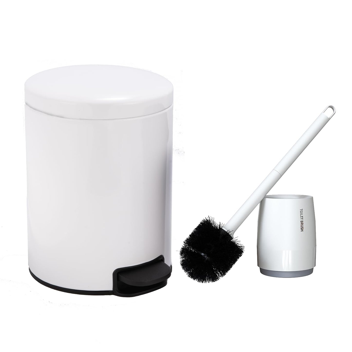Bathroom Bin with Loo Brush Set, 5L Slim Round Stainless Steel, White