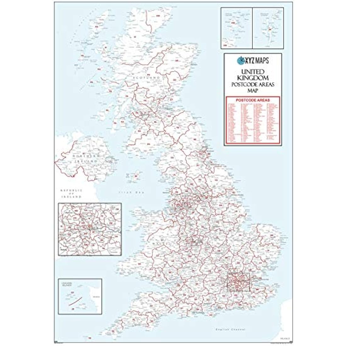 UK White Postcode Area Medium Wall Map (AR4) - 23.5" x 33.25" Laminated