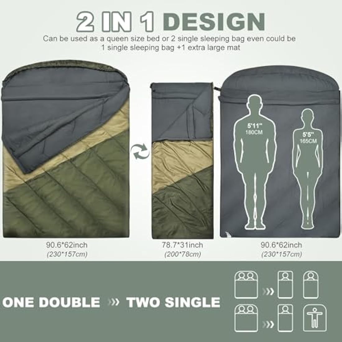 Mcota Double Sleeping Bag, 2 Person Queen Size Sleeping Bag for Adults Couples Family Camping Backpacking, XL Waterproof Lightweight for Cold Weather & Warm