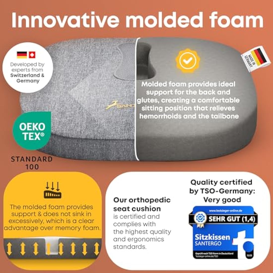 Orthopedic Seat cushion [PATENTED & STABLE] Support for Haemorrhoids Lumbar Coccyx | Seat cover office chair car wheelchair | seat cushion, ergonomic back cushion, pressure cushion - SANTERGO
