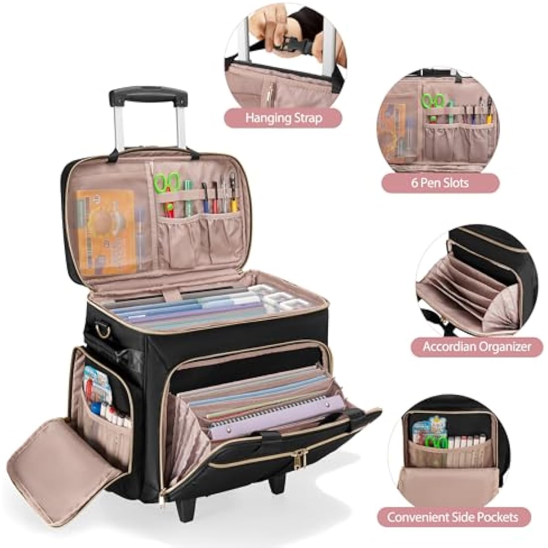 Prokva Rolling Teacher Bag with Wheels, Detachable Trolley, Fits 15.6” Laptop & Supplies, Black Patent Design