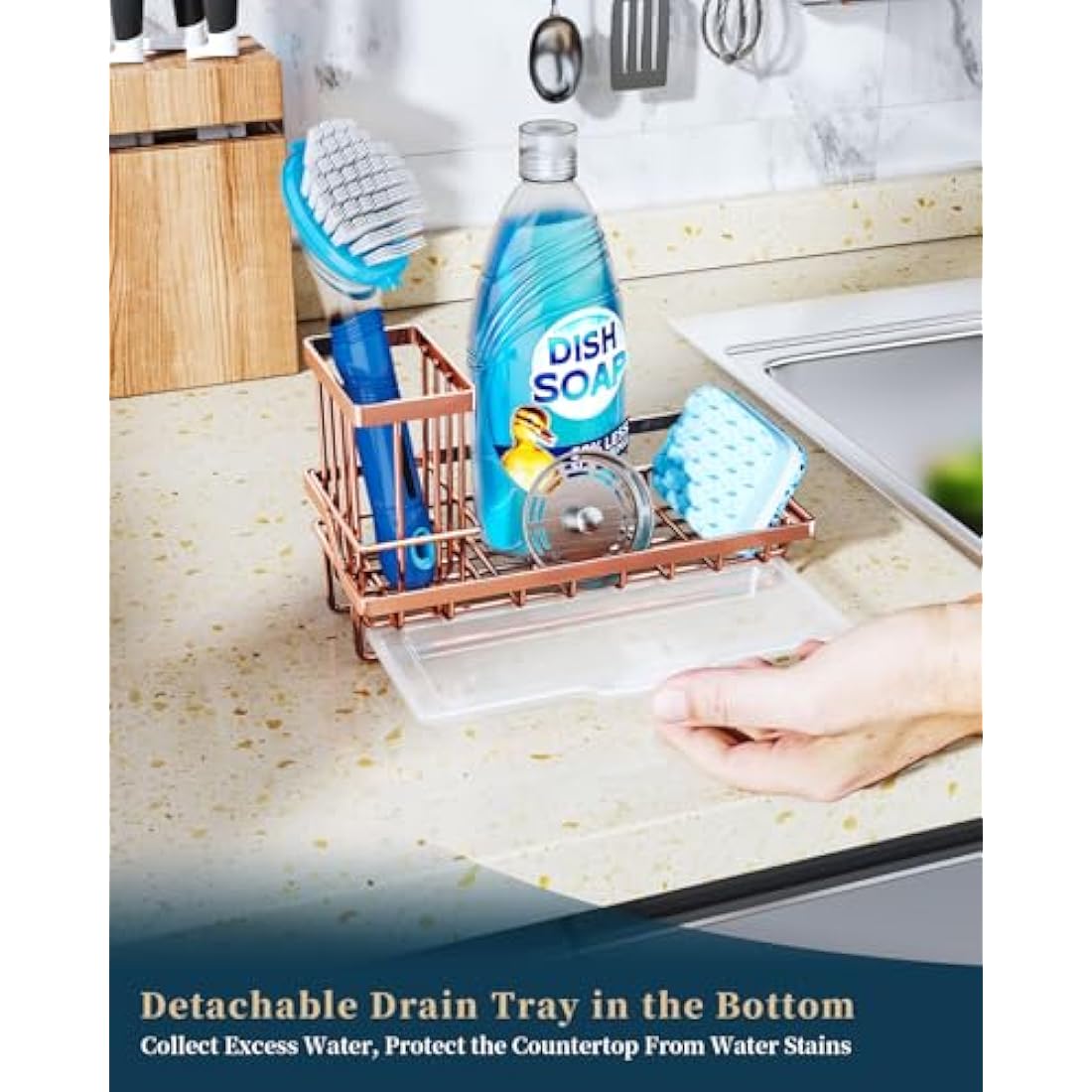 Consumest Sponge Holder for Kitchen Sink - Sink Caddy Kitchen Sink Organizer with Removable Drip Tray for Countertop Dish Soap Dispenser Brush Storage Accessories 304 Stainless Steel, Rose Gold