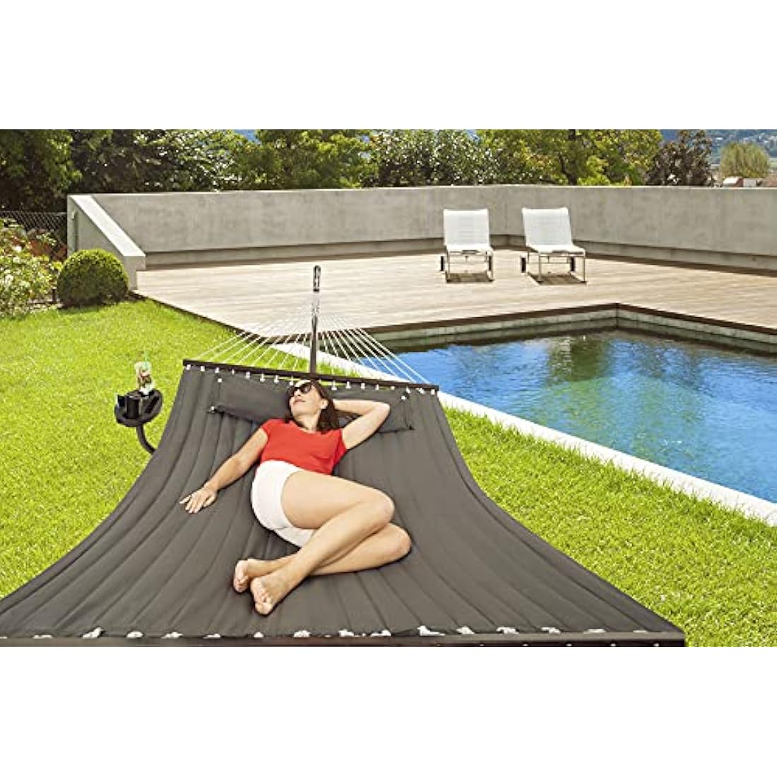 Vita5 Hammock Stand with Sidetable, Garden Hammocks 2 Persons, Side Table & Detachable Pillow, Heavy Duty 200kg Capacity, Indoor and Outdoor Hammock for Patio, Pool or Backyard (Dark Grey)